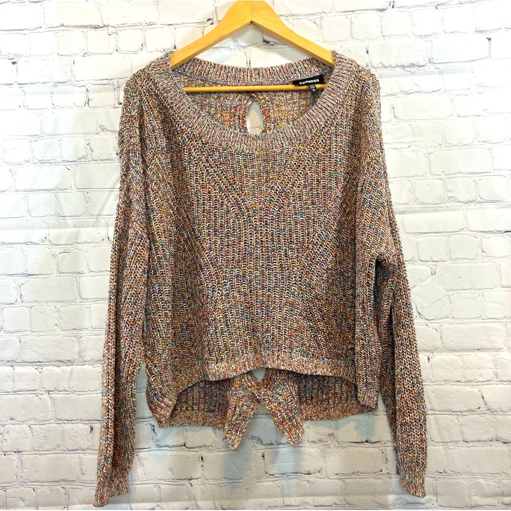 Express brand multi-color, rainbow,  short knit sweater with open back design